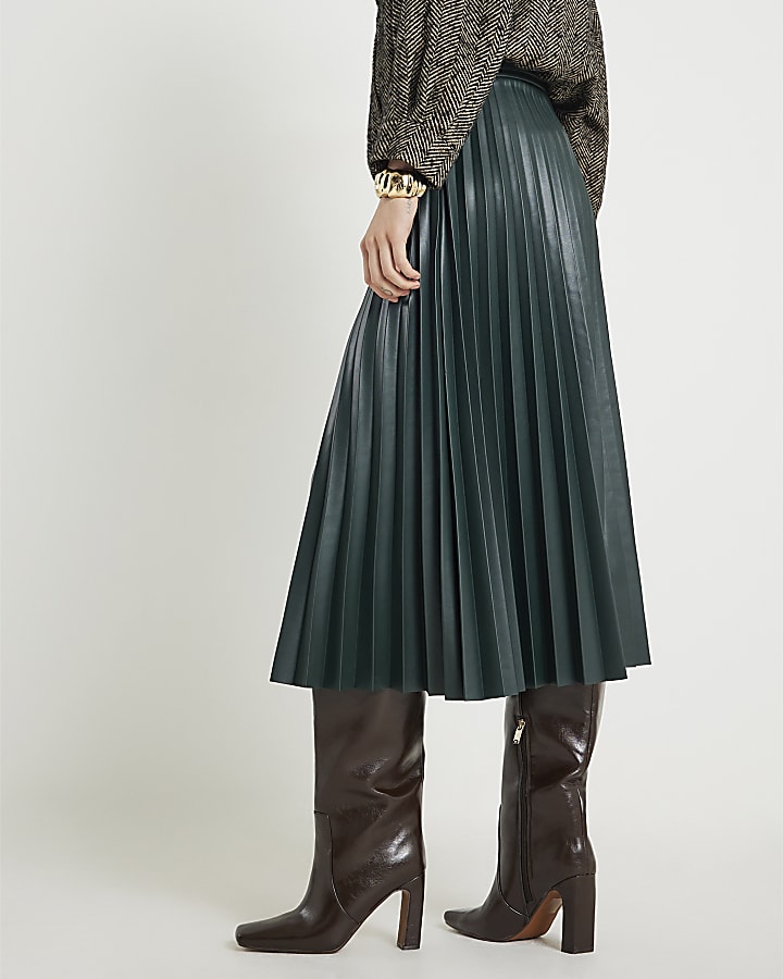 River Island Green Belted Pleated Midi Skirt