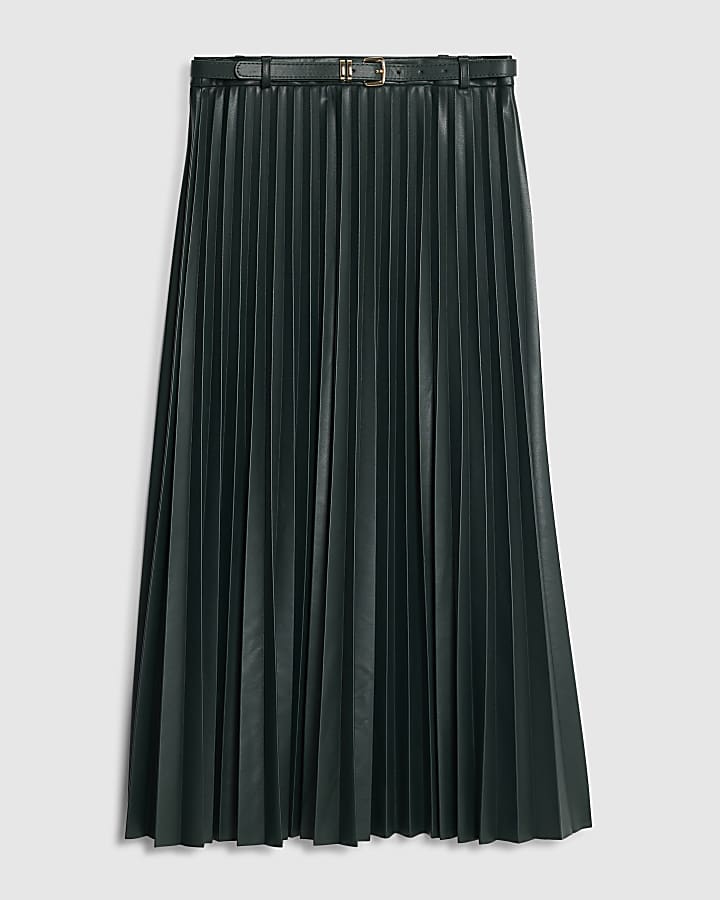 river island Green Belted Pleated Midi Skirt