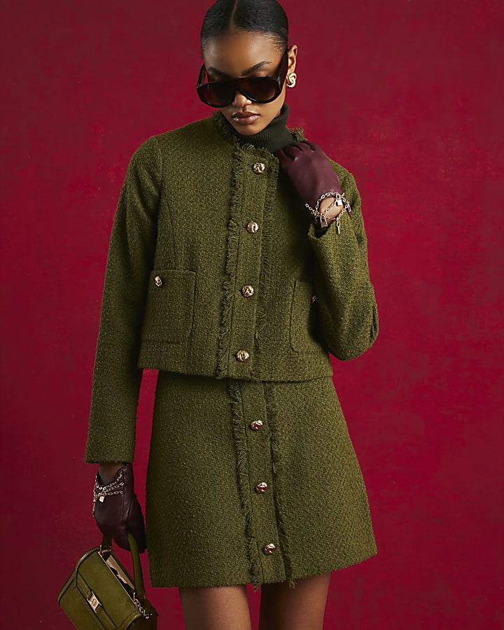 River Island Green Boucle Fringed Trophy Jacket