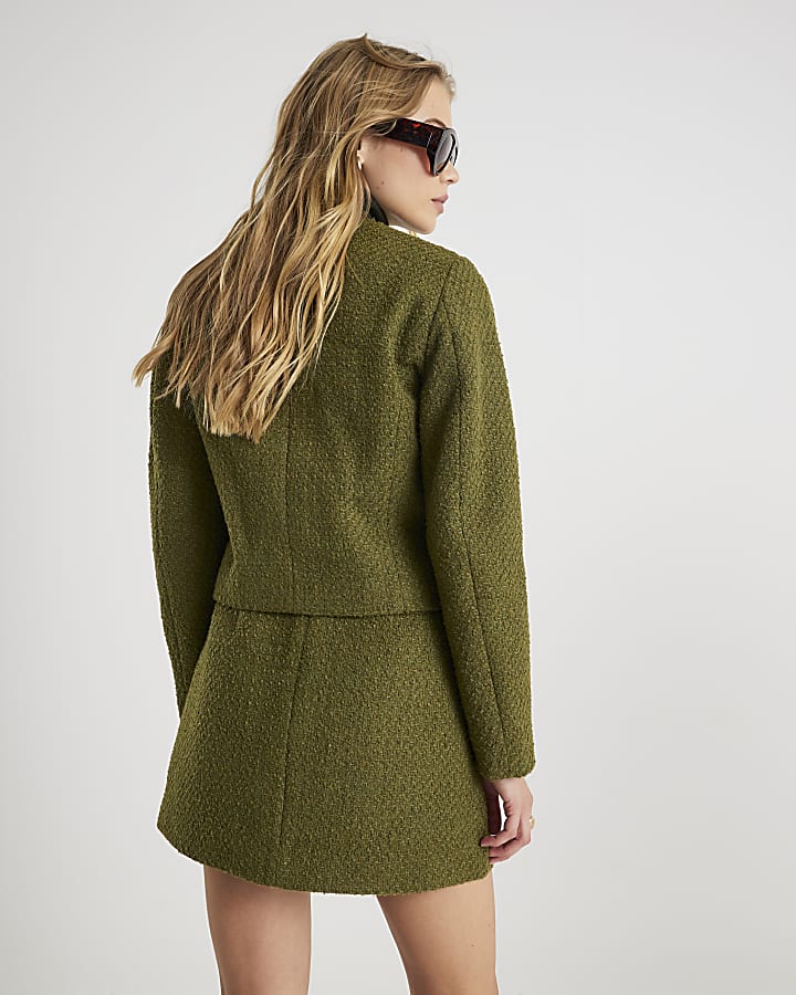 River Island Green Boucle Fringed Trophy Jacket