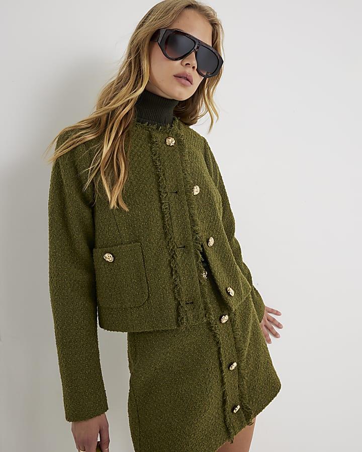 River Island Green Boucle Fringed Trophy Jacket