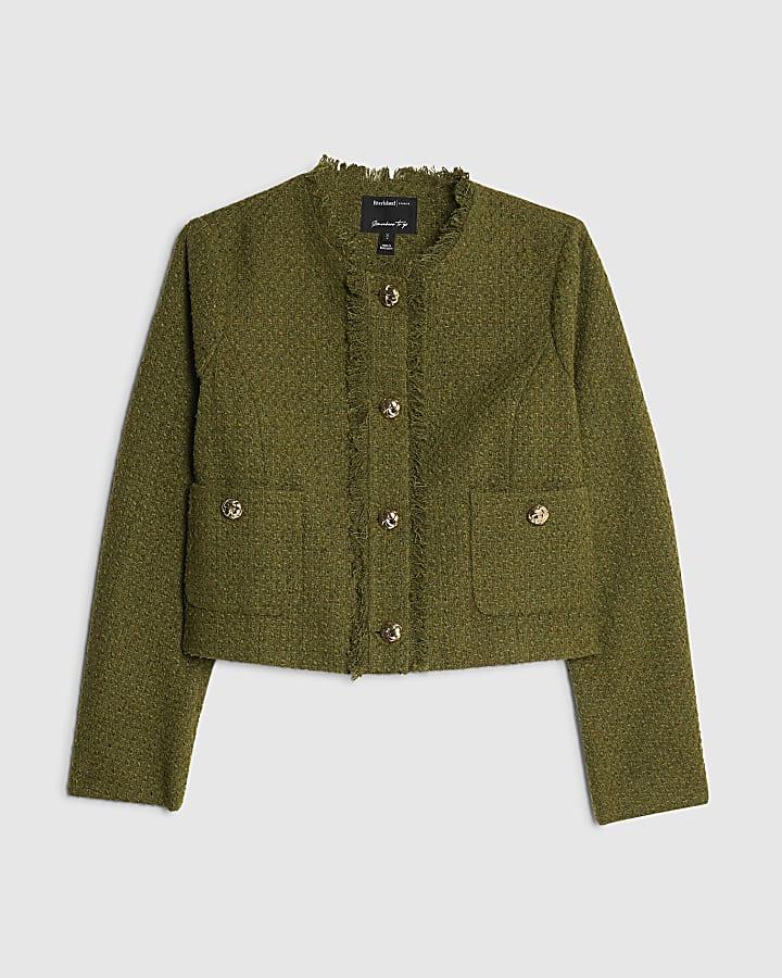 river island Green Boucle Fringed Trophy Jacket