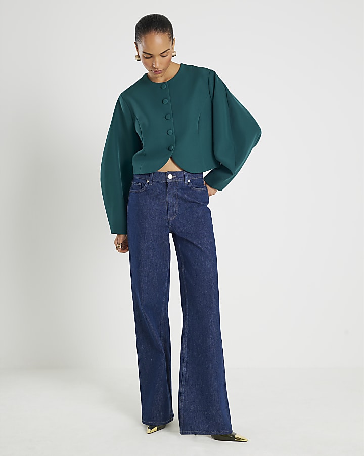 River Island Green Cocoon Sleeve Cropped Jacket