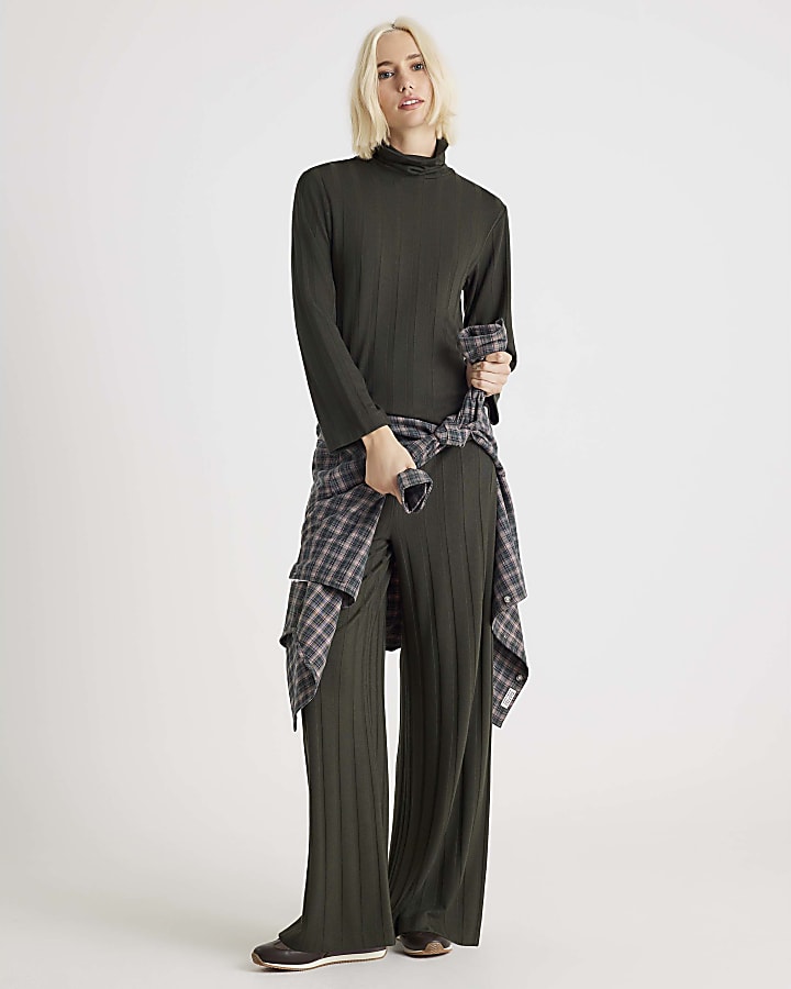 River Island Green Cosy Wide Ribbed Trousers