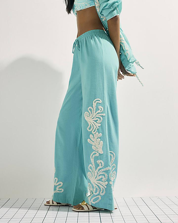 River Island Green Embroidered Wide Leg Trousers