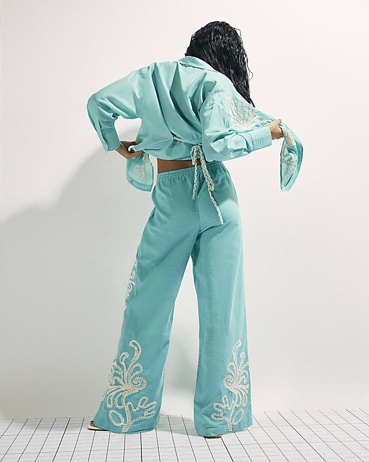 River Island Green Embroidered Wide Leg Trousers
