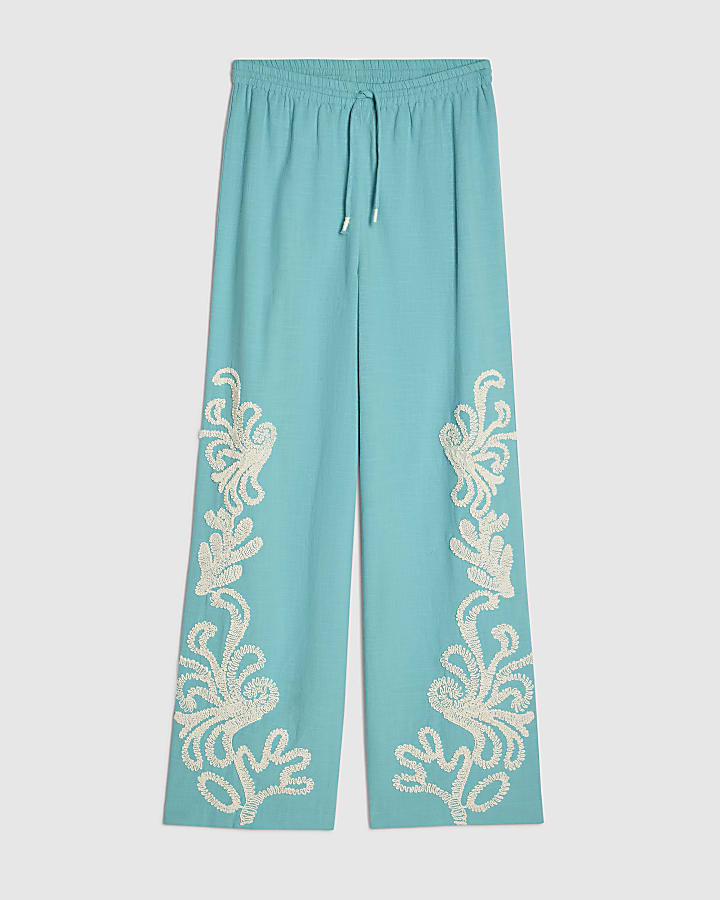 river island Green Embroidered Wide Leg Trousers