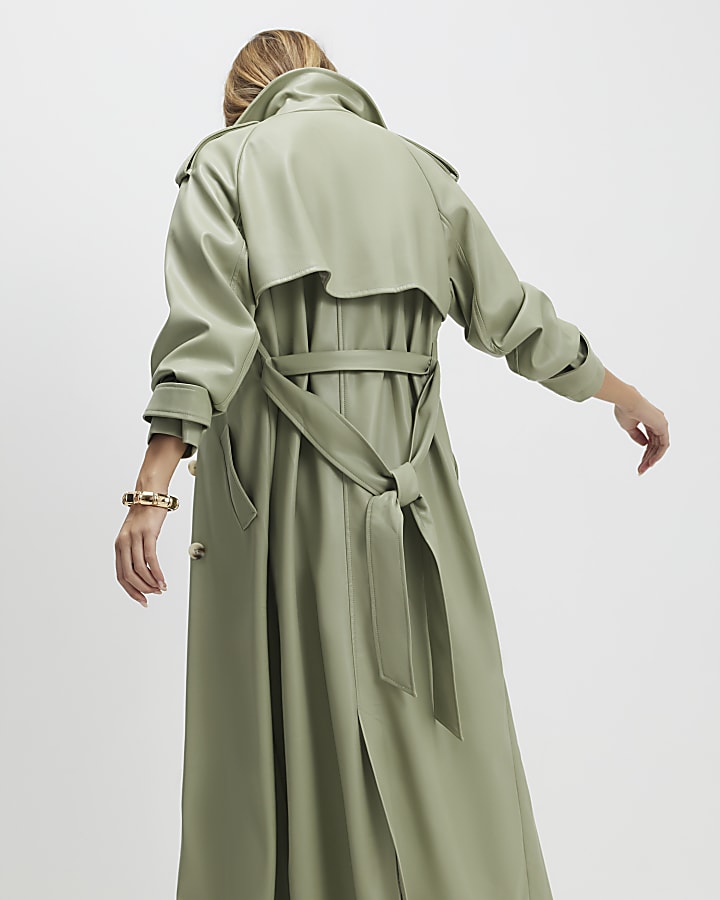 River Island Green Faux Leather Belted Trench Coat