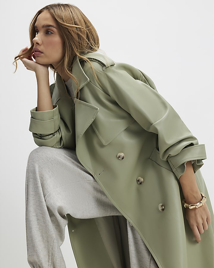 river island Green Faux Leather Belted Trench Coat