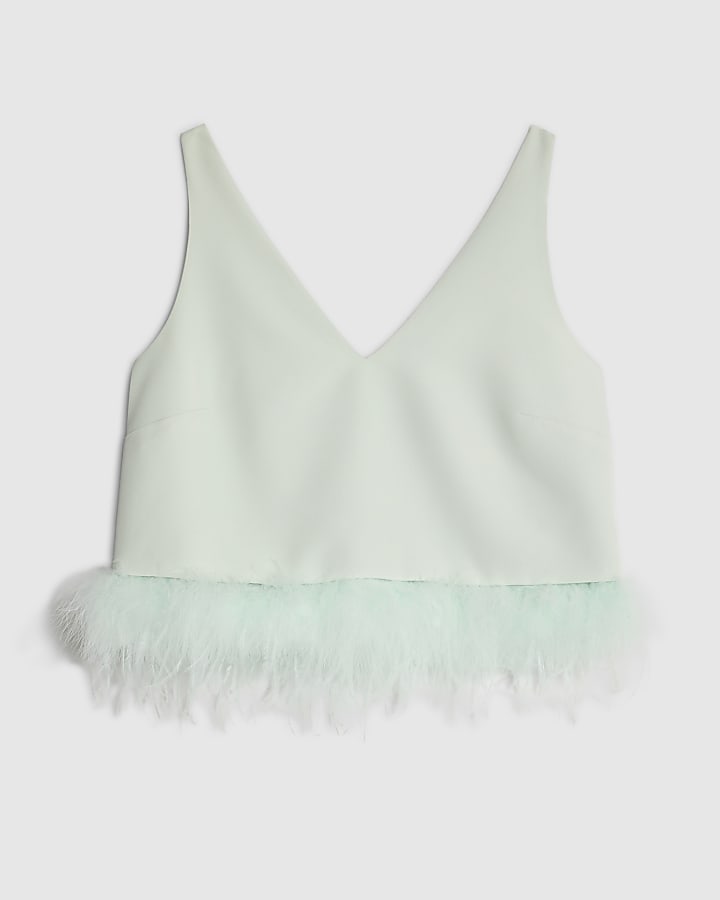 river island Green Feather Trim Crop Top
