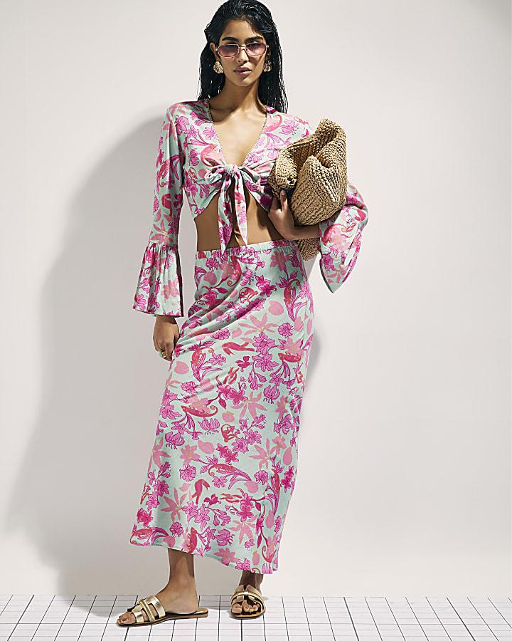 River Island Green Floral Maxi Beach Skirt