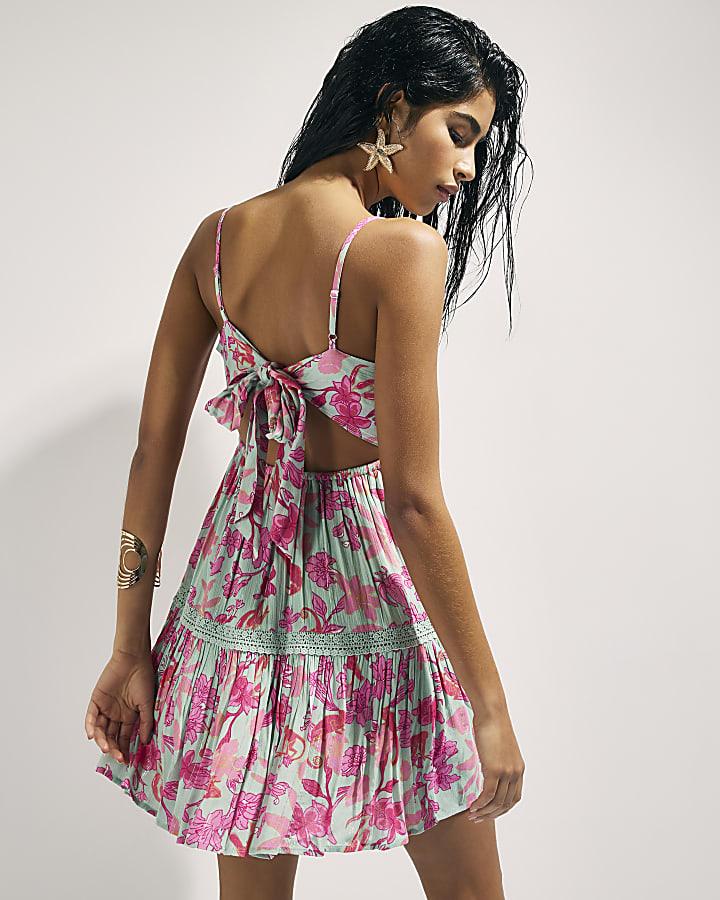 River Island Green Floral Shirred Mini Beach Dress