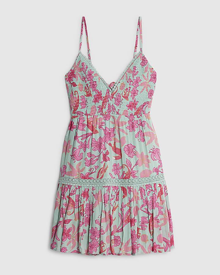 river island Green Floral Shirred Mini Beach Dress