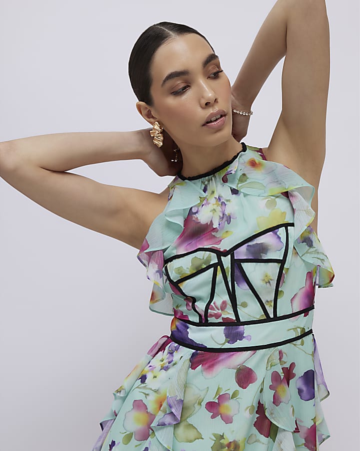 River Island Green Floral Sleeveless Midi Dress