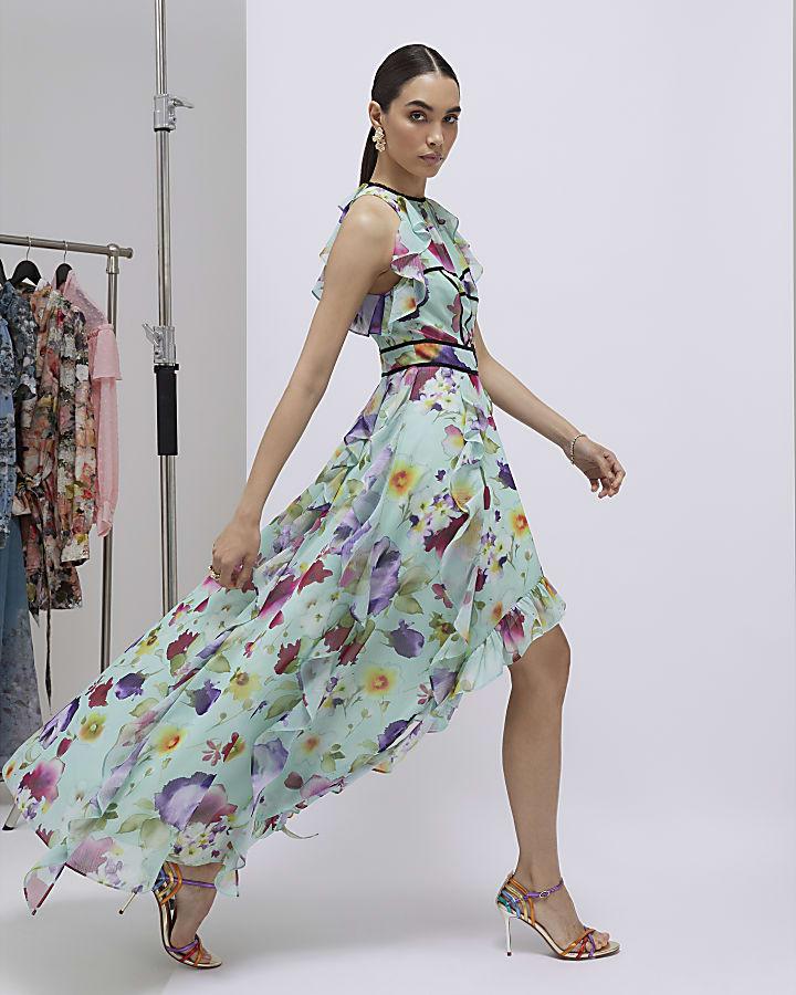 River Island Green Floral Sleeveless Midi Dress