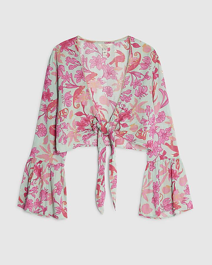 river island Green Floral Tie Front Beach Top
