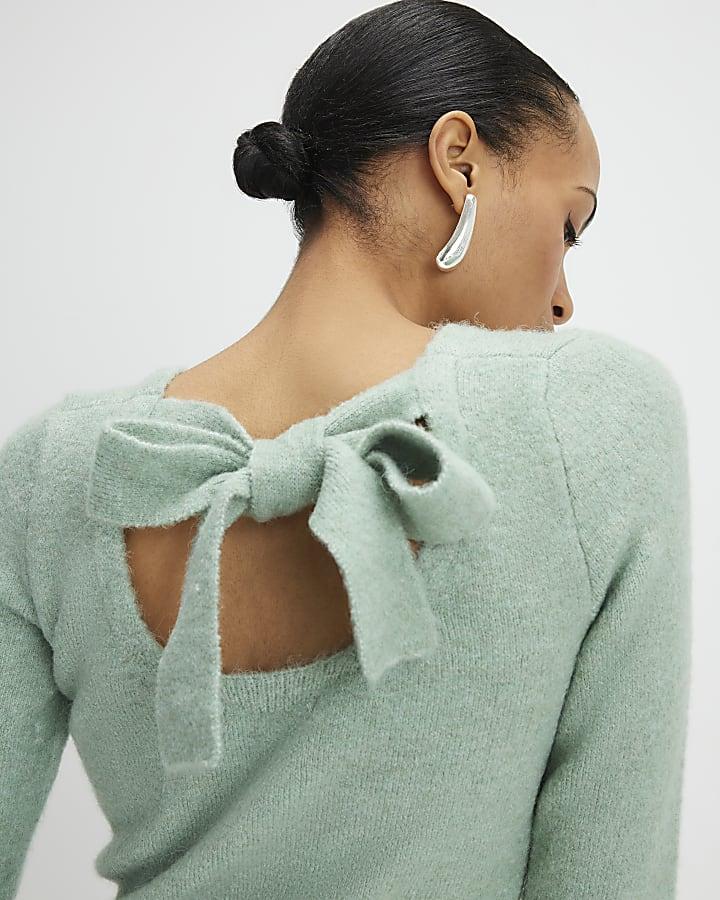 River Island Green Frill Cuff Bow Back Jumper