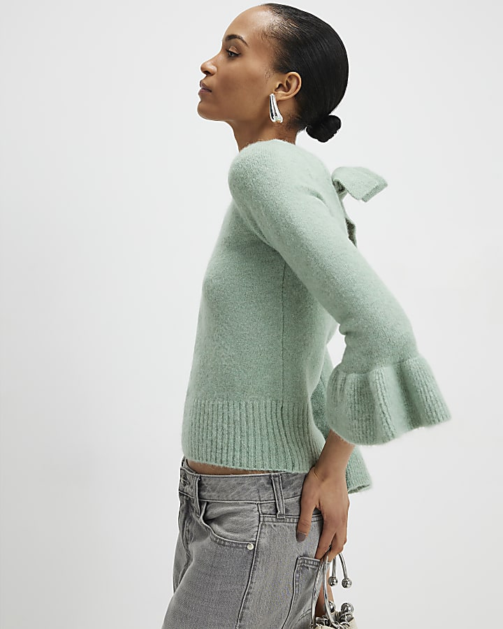 River Island Green Frill Cuff Bow Back Jumper