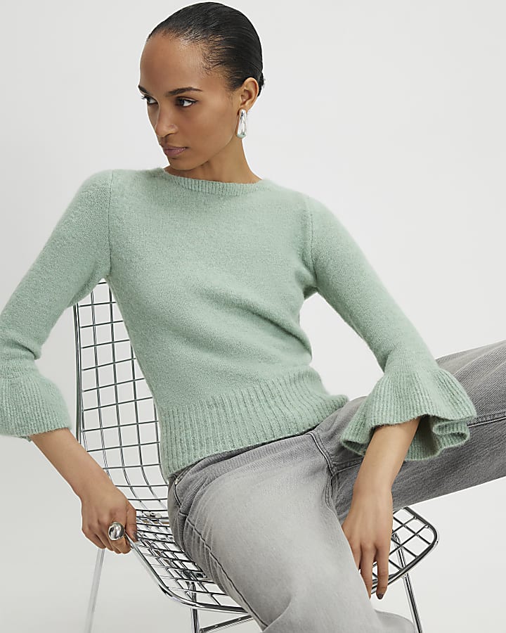 River Island Green Frill Cuff Bow Back Jumper