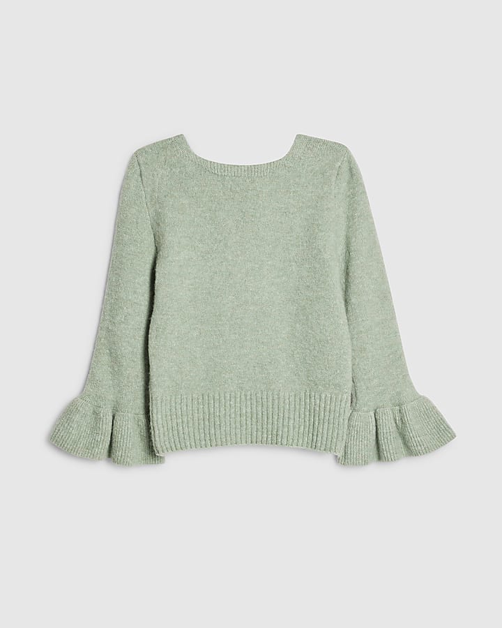 river island Green Frill Cuff Bow Back Jumper