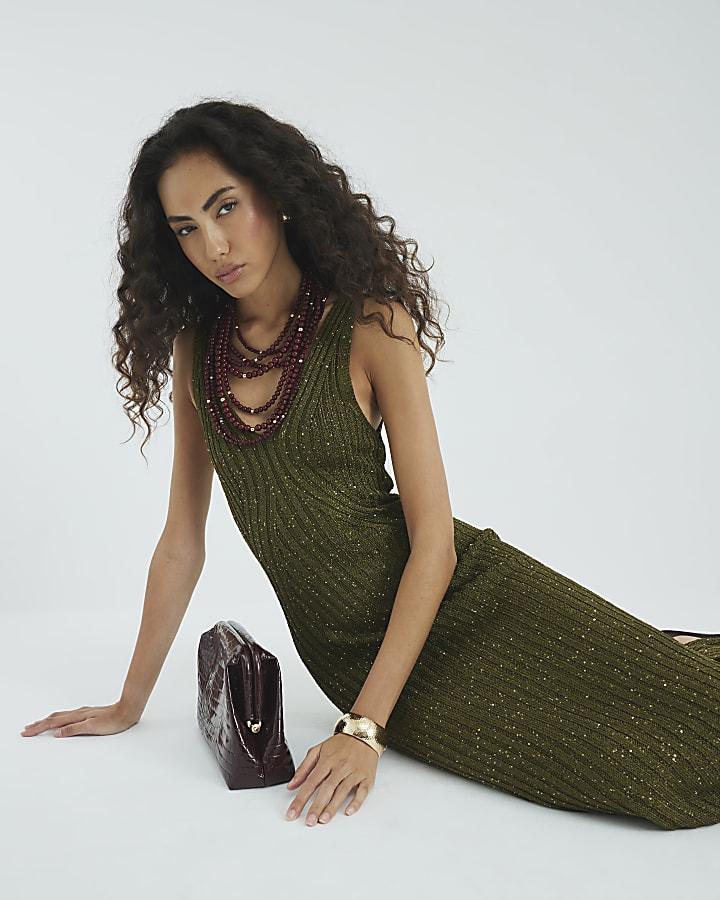 River Island Green Knit Sequin Maxi Dress