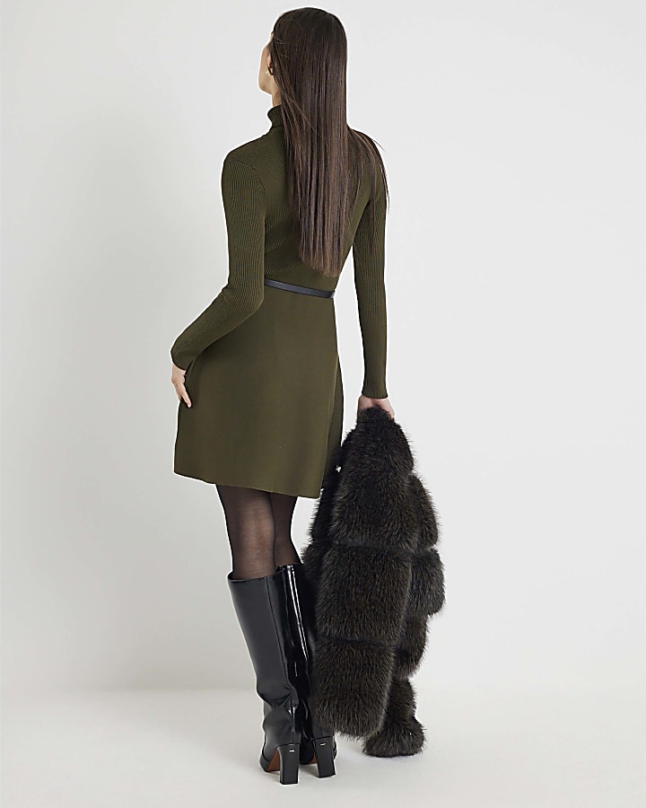River Island Green Knitted Belted Mini Dress