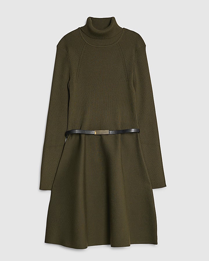 river island Green Knitted Belted Mini Dress