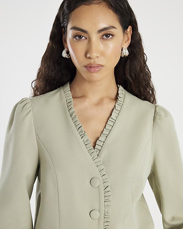 River Island Green Long Sleeve Frilled Blazer