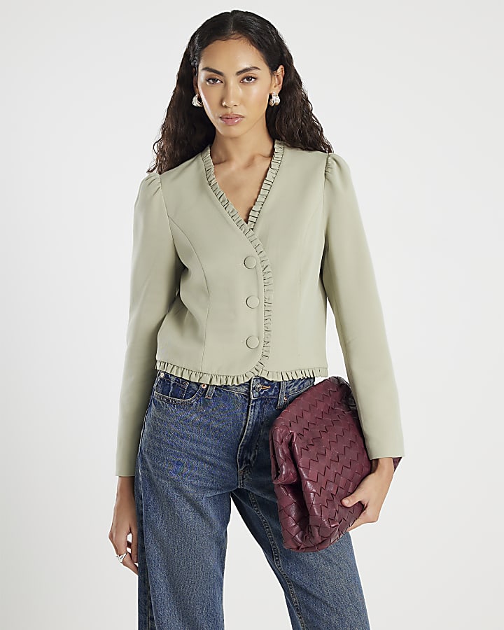 River Island Green Long Sleeve Frilled Blazer