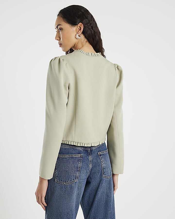 River Island Green Long Sleeve Frilled Blazer