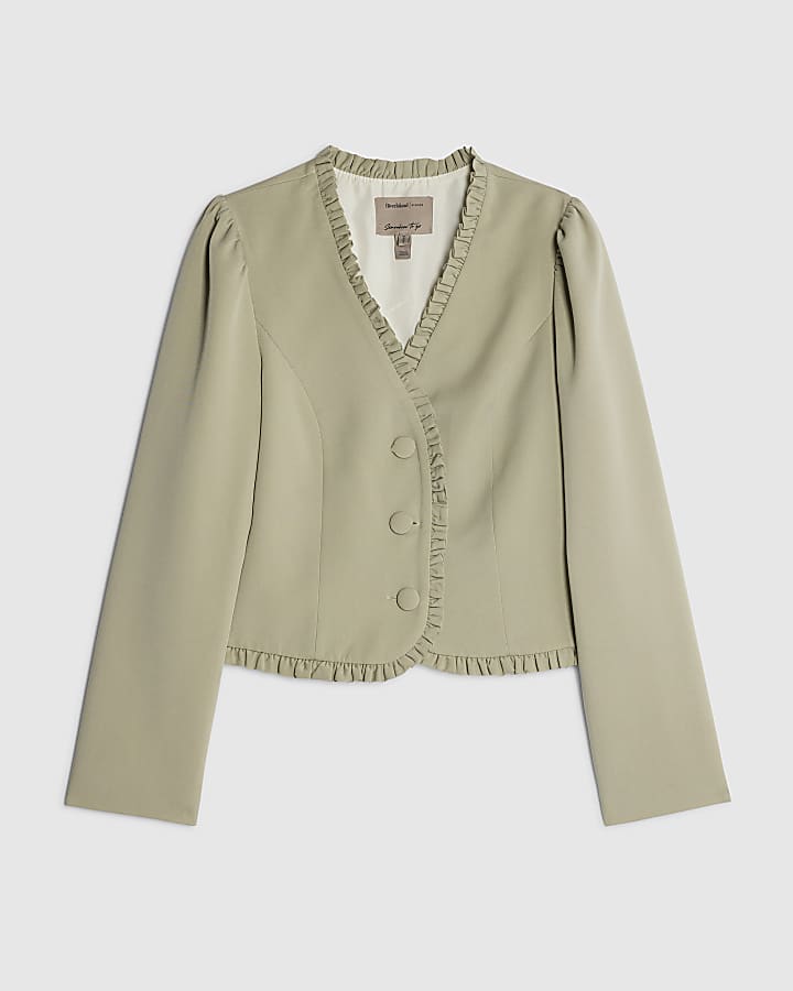river island Green Long Sleeve Frilled Blazer
