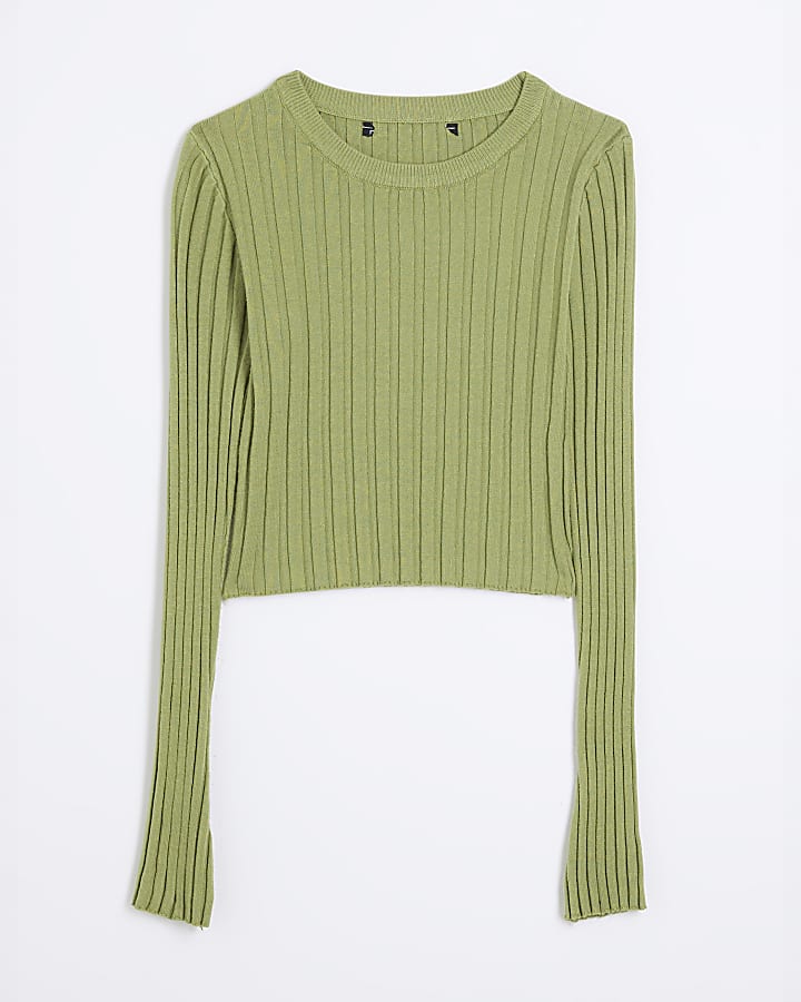 river island Green Long Sleeved Ribbed Crop Top