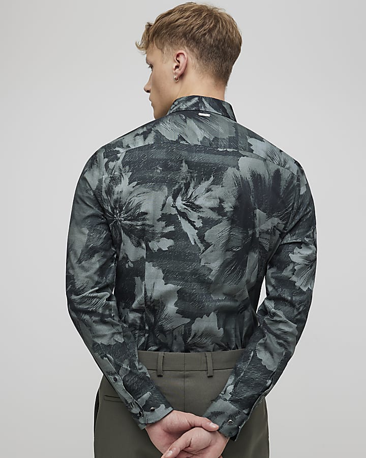River Island Green Muscle Fit Floral Shirt