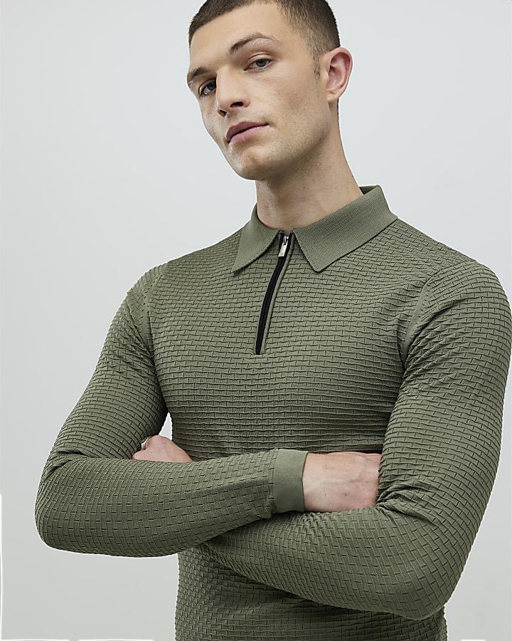 River Island Green Muscle Fit Hexagon Polo Shirt