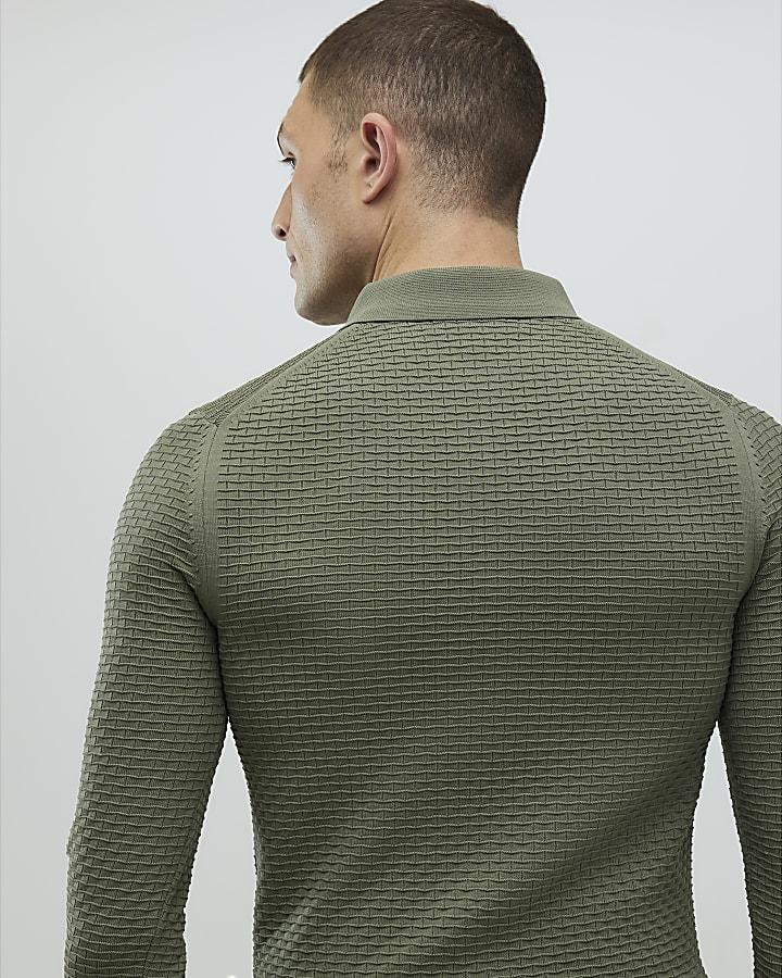 River Island Green Muscle Fit Hexagon Polo Shirt