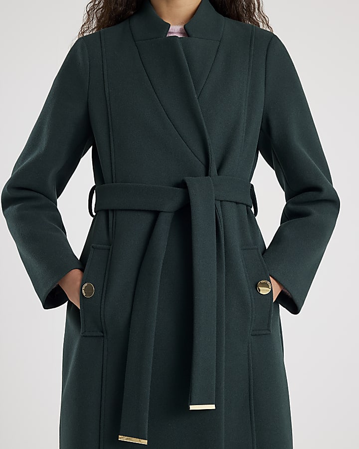 River Island Green Notch Collar Belted Wrap Coat