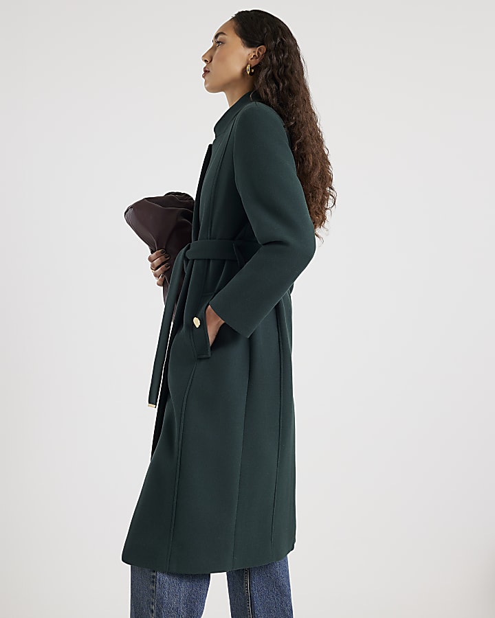 River Island Green Notch Collar Belted Wrap Coat