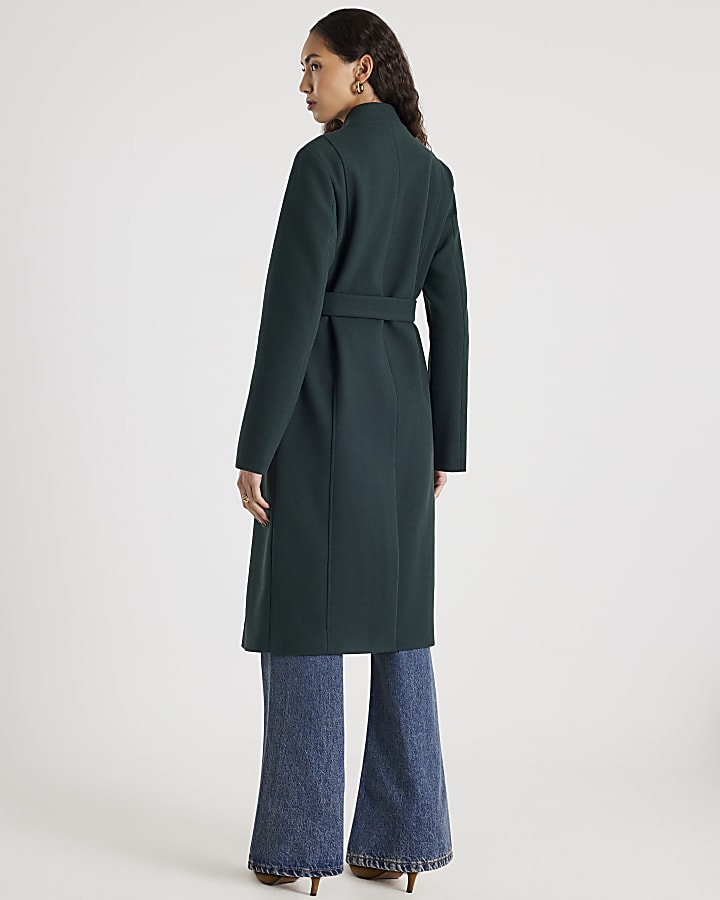 River Island Green Notch Collar Belted Wrap Coat