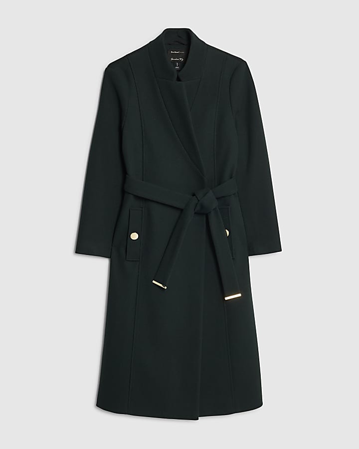 river island Green Notch Collar Belted Wrap Coat