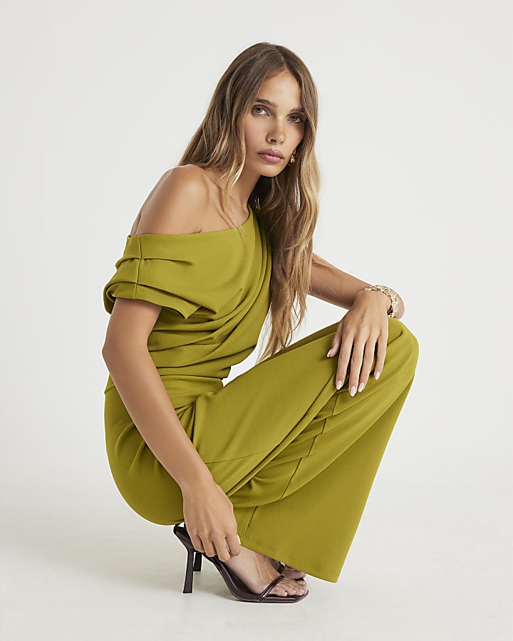 River Island Green One Shoulder Draped Jumpsuit