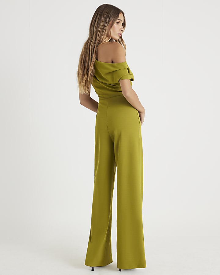 River Island Green One Shoulder Draped Jumpsuit