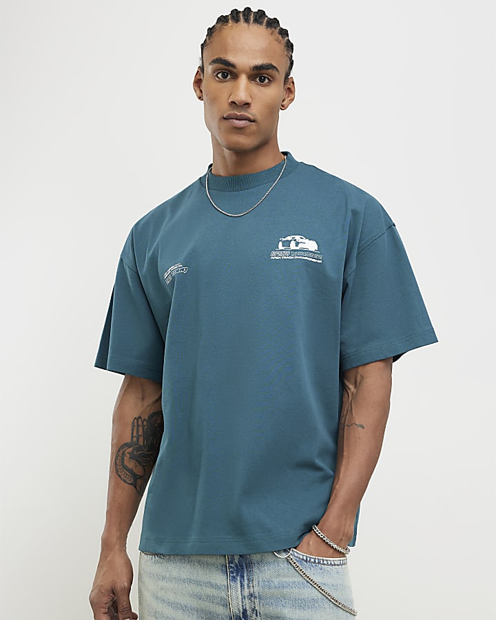 River Island Green Oversized Fit Racing T-Shirt