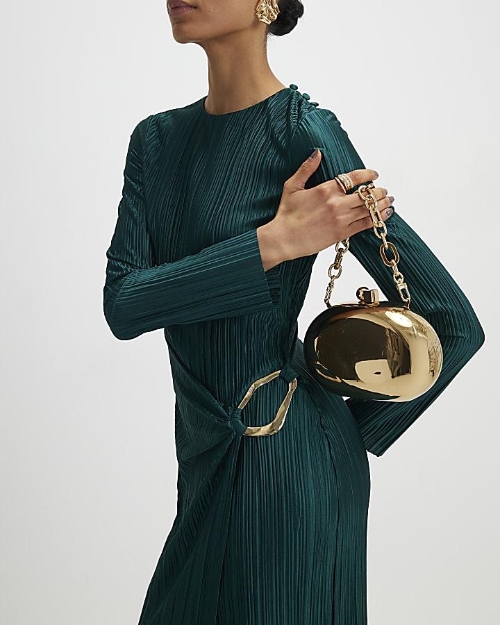 River Island Green Plisse Buckle Detail Midi Dress