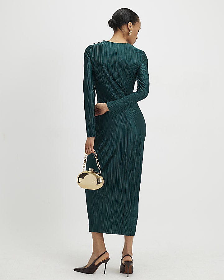 river island Green Plisse Buckle Detail Midi Dress