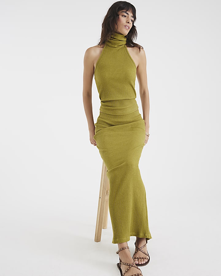 River Island Green Ribbed Midi Skirt