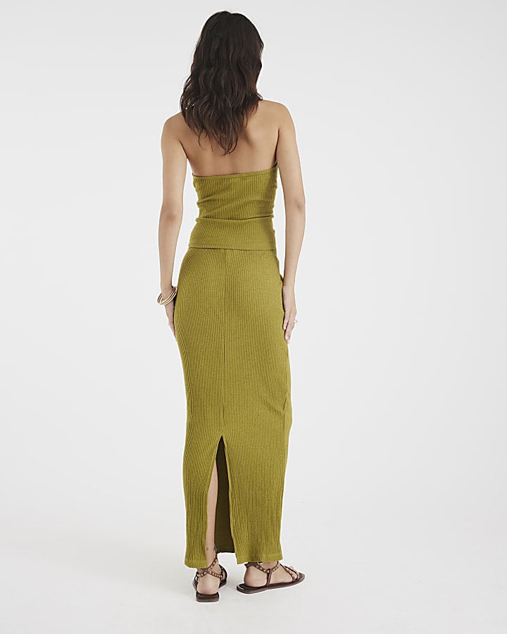 River Island Green Ribbed Midi Skirt