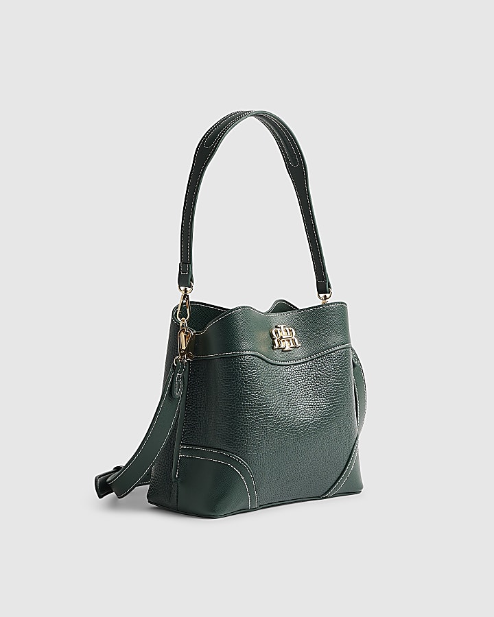 River Island Green RIR Lock Front Bucket Bag