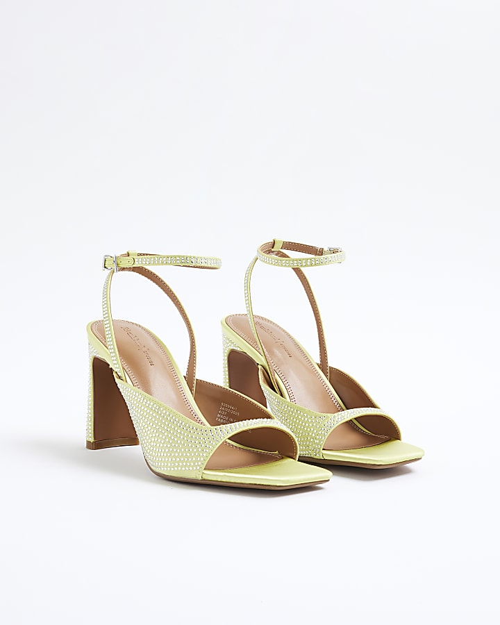 River Island Green Satin Diamante Heeled Sandals