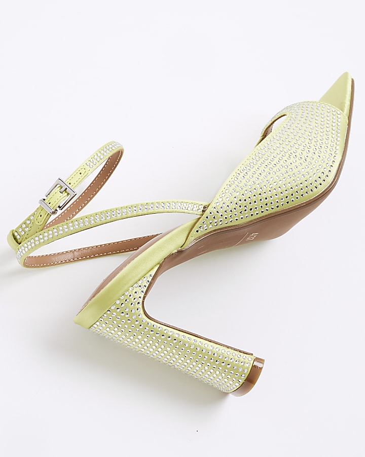 River Island Green Satin Diamante Heeled Sandals