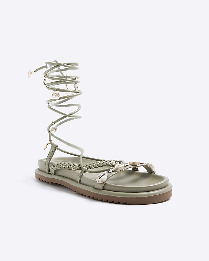 River Island Green Shell Detail Lace Up Sandals